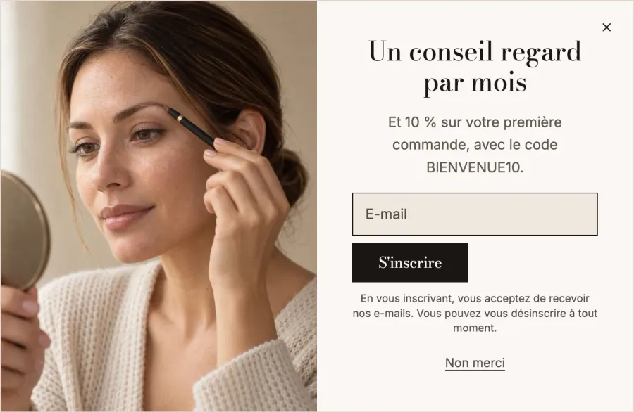 Newsletter sign-up window of the Sylys demo, with a welcome code